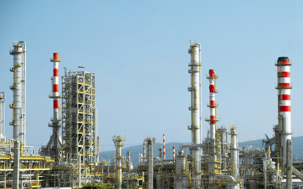 Red and white pipework at a processing facility
